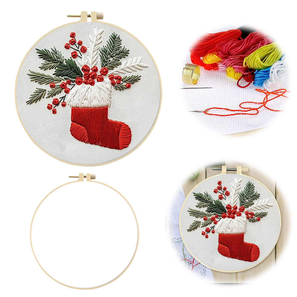Christmas Stocking - DIY Embroidery Cross Stitch Kit with Pattern Cotton Threads Needles Hoop 25x25CM/9.84x9.84in