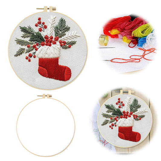 Christmas Stocking - DIY Embroidery Cross Stitch Kit with Pattern Cotton Threads Needles Hoop 25x25CM/9.84x9.84in