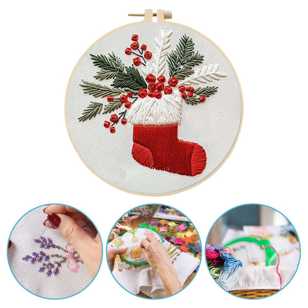 Christmas Stocking - DIY Embroidery Cross Stitch Kit with Pattern Cotton Threads Needles Hoop 25x25CM/9.84x9.84in