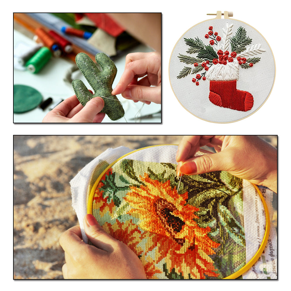Christmas Stocking - DIY Embroidery Cross Stitch Kit with Pattern Cotton Threads Needles Hoop 25x25CM/9.84x9.84in