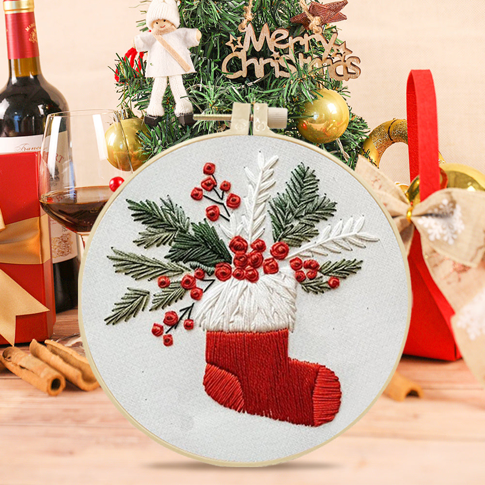 Christmas Stocking - DIY Embroidery Cross Stitch Kit with Pattern Cotton Threads Needles Hoop 25x25CM/9.84x9.84in