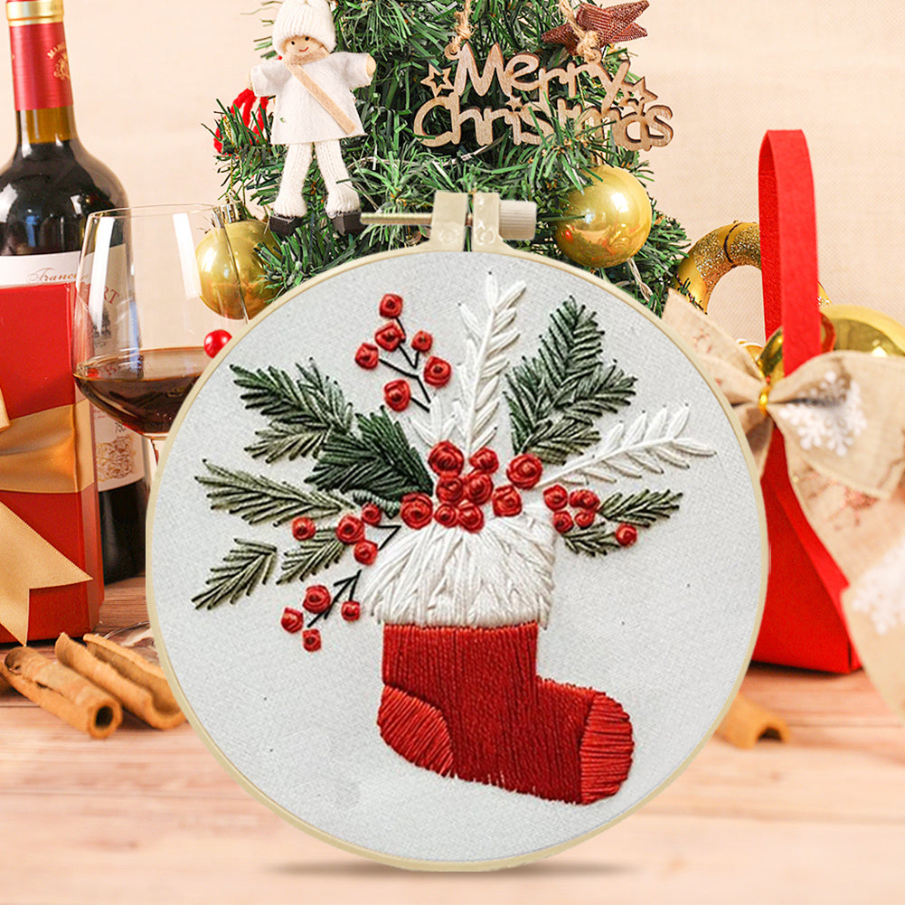 Christmas Stocking - DIY Embroidery Cross Stitch Kit with Pattern Cotton Threads Needles Hoop 25x25CM/9.84x9.84in