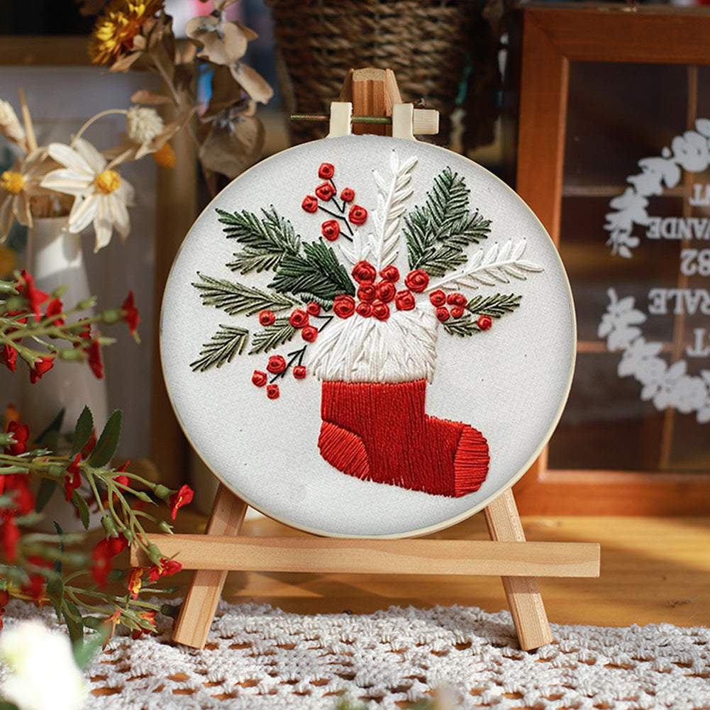 Christmas Stocking - DIY Embroidery Cross Stitch Kit with Pattern Cotton Threads Needles Hoop 25x25CM/9.84x9.84in