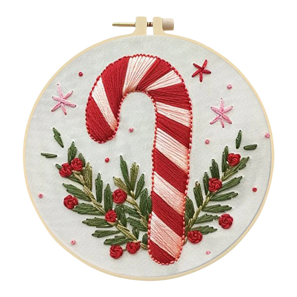 Candy Cane - DIY Embroidery Cross Stitch Kit with Pattern Cotton Threads Needles Hoop 25x25CM/9.84x9.84in