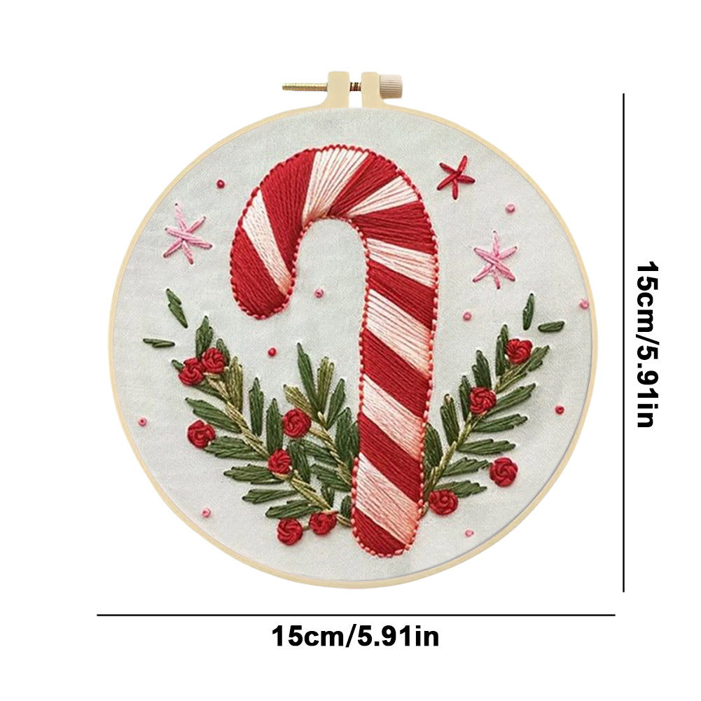 Candy Cane - DIY Embroidery Cross Stitch Kit with Pattern Cotton Threads Needles Hoop 25x25CM/9.84x9.84in