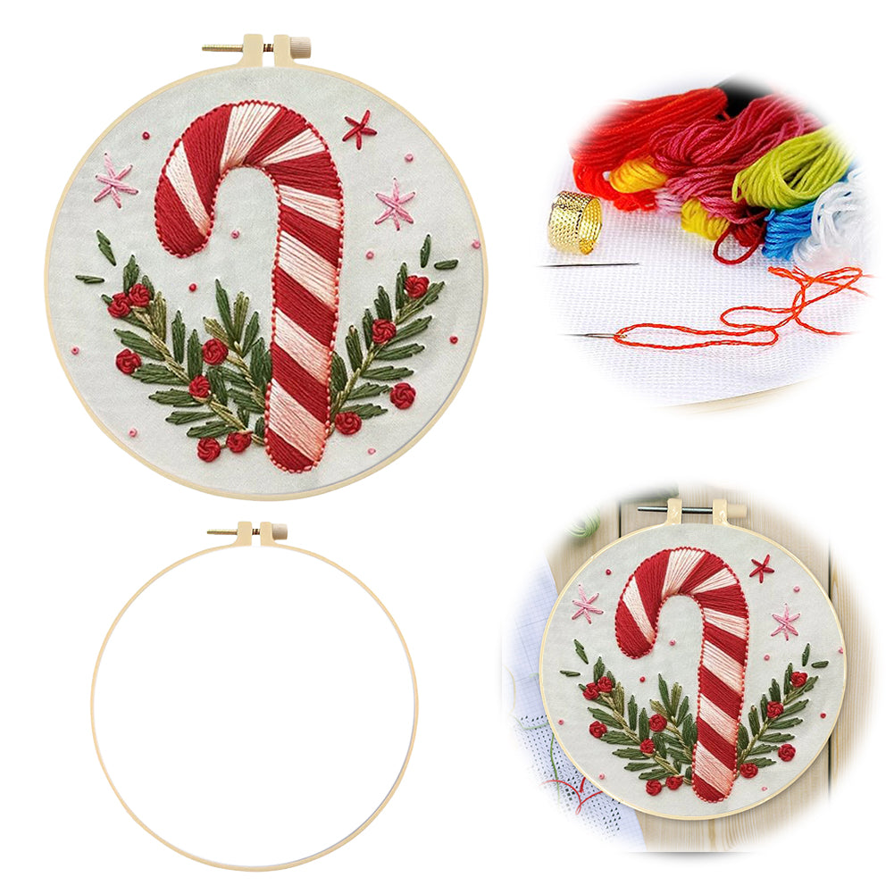 Candy Cane - DIY Embroidery Cross Stitch Kit with Pattern Cotton Threads Needles Hoop 25x25CM/9.84x9.84in