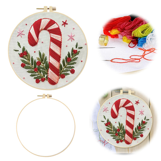 Candy Cane - DIY Embroidery Cross Stitch Kit with Pattern Cotton Threads Needles Hoop 25x25CM/9.84x9.84in