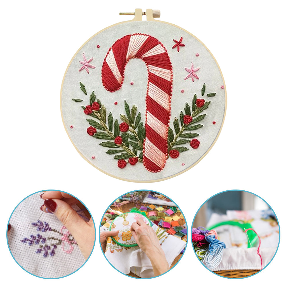 Candy Cane - DIY Embroidery Cross Stitch Kit with Pattern Cotton Threads Needles Hoop 25x25CM/9.84x9.84in
