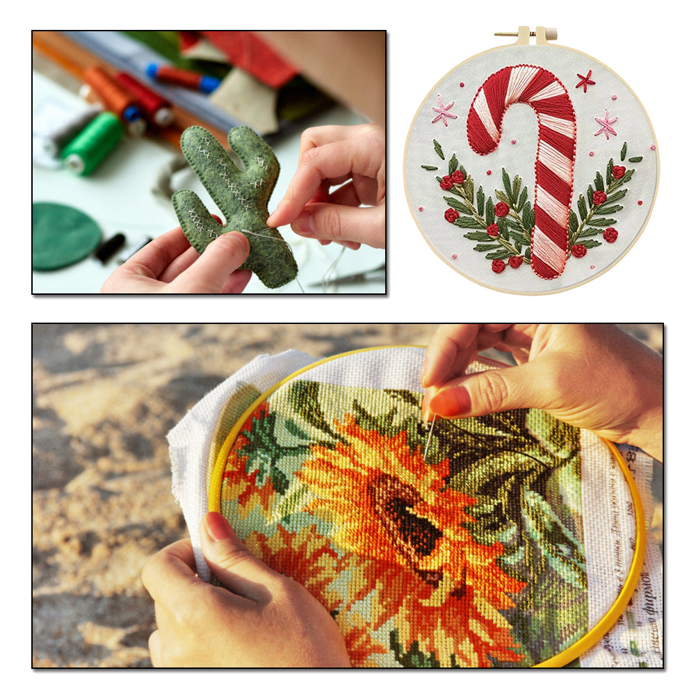 Candy Cane - DIY Embroidery Cross Stitch Kit with Pattern Cotton Threads Needles Hoop 25x25CM/9.84x9.84in