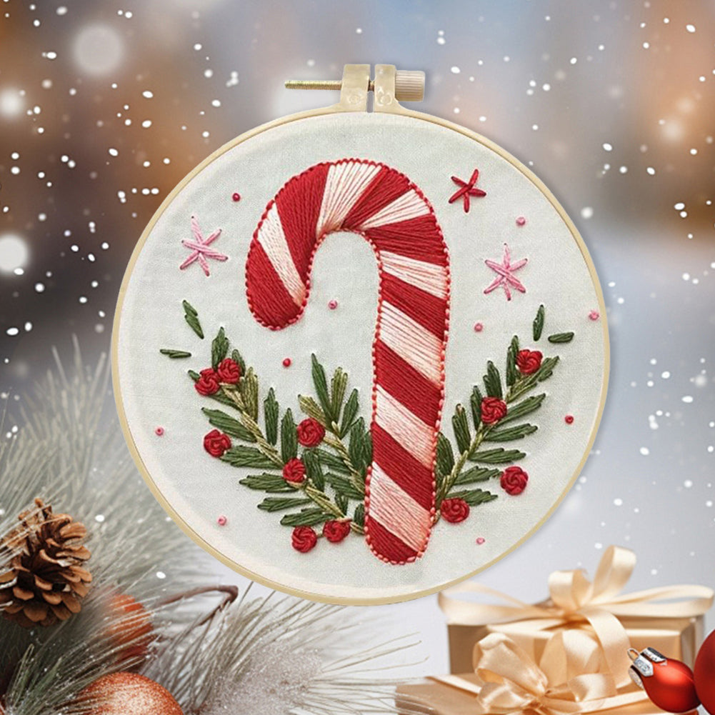 Candy Cane - DIY Embroidery Cross Stitch Kit with Pattern Cotton Threads Needles Hoop 25x25CM/9.84x9.84in