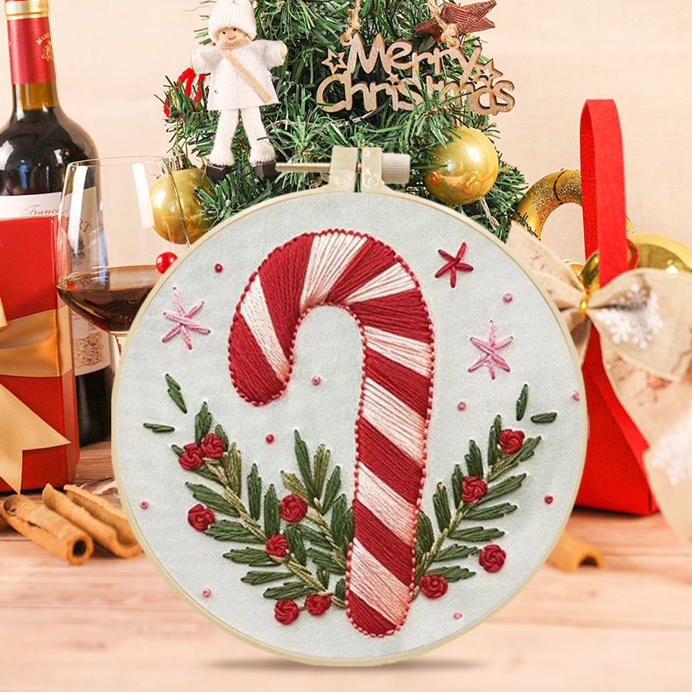 Candy Cane - DIY Embroidery Cross Stitch Kit with Pattern Cotton Threads Needles Hoop 25x25CM/9.84x9.84in
