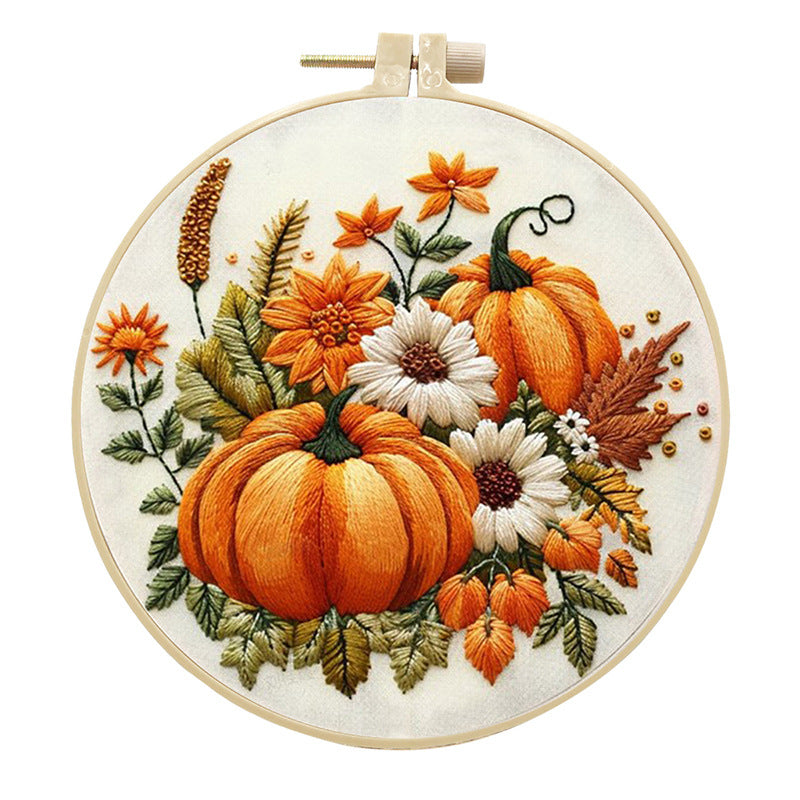 Yellow Pumpkin - DIY Embroidery Cross Stitch Kit with Pattern Cotton Threads Needles Hoop 25x25CM/9.84x9.84in