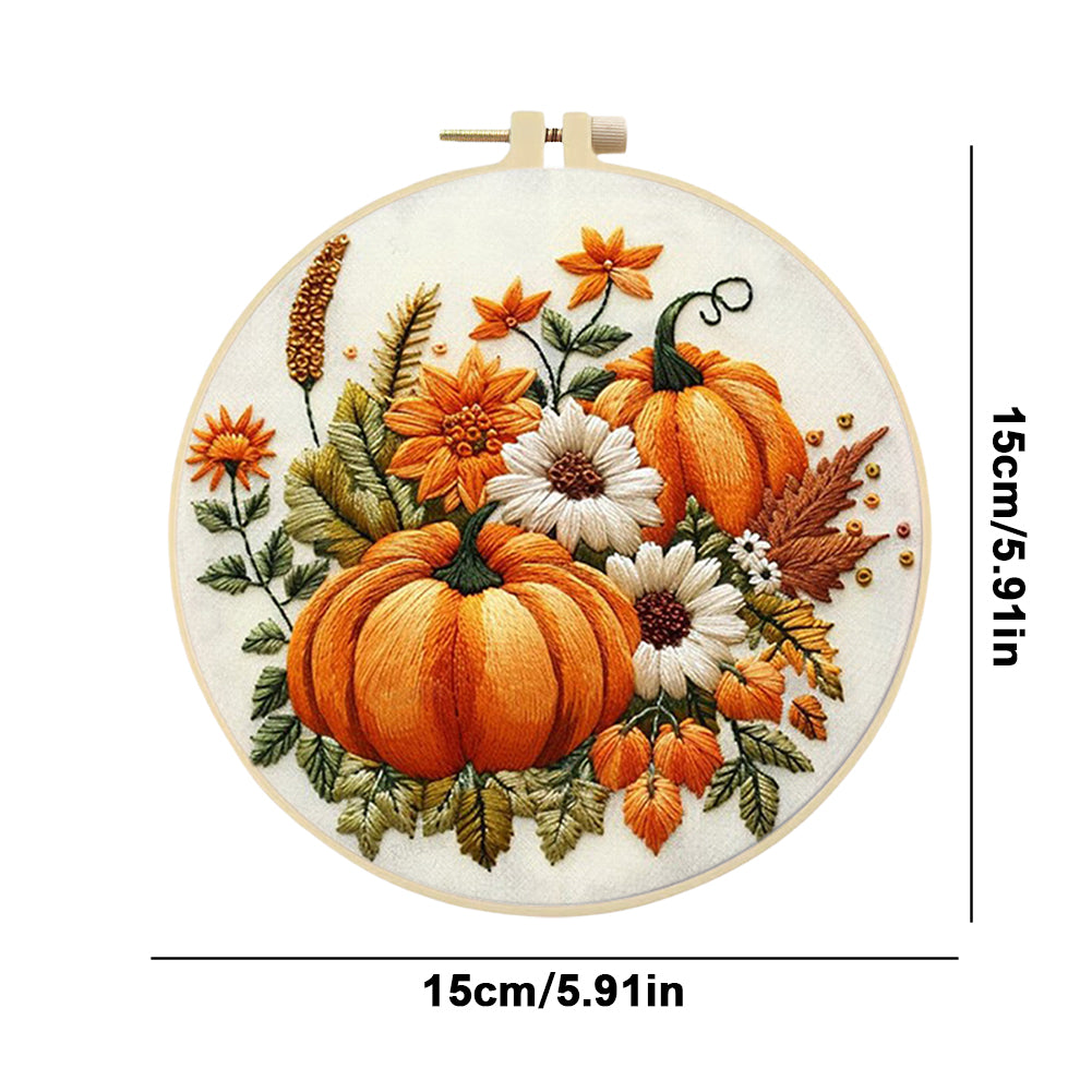 Yellow Pumpkin - DIY Embroidery Cross Stitch Kit with Pattern Cotton Threads Needles Hoop 25x25CM/9.84x9.84in
