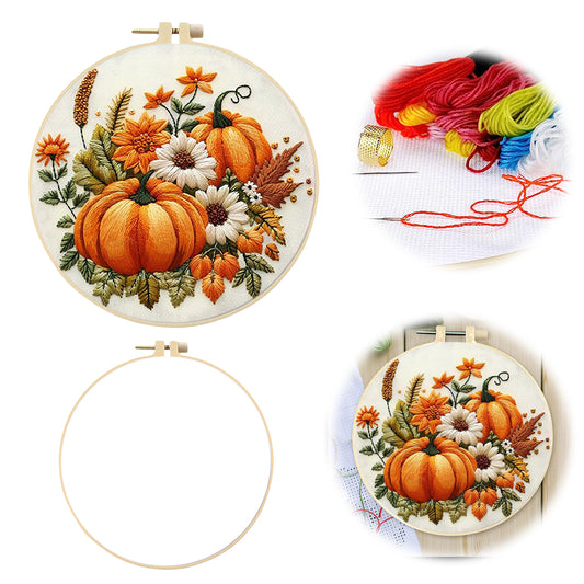 Yellow Pumpkin - DIY Embroidery Cross Stitch Kit with Pattern Cotton Threads Needles Hoop 25x25CM/9.84x9.84in