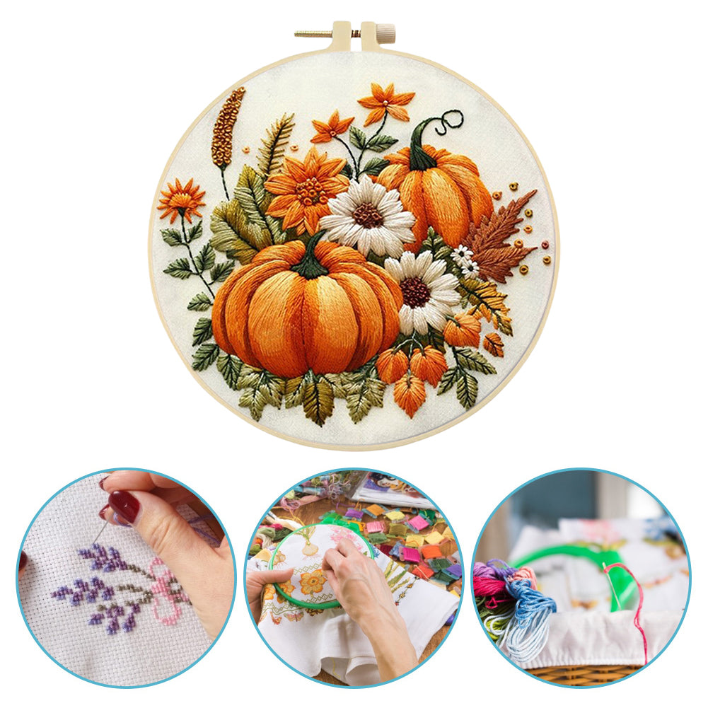 Yellow Pumpkin - DIY Embroidery Cross Stitch Kit with Pattern Cotton Threads Needles Hoop 25x25CM/9.84x9.84in