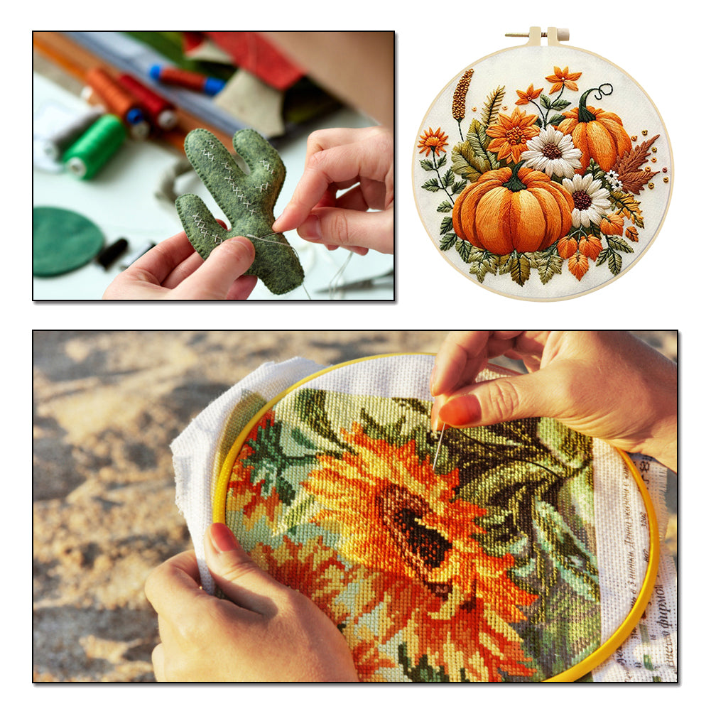 Yellow Pumpkin - DIY Embroidery Cross Stitch Kit with Pattern Cotton Threads Needles Hoop 25x25CM/9.84x9.84in