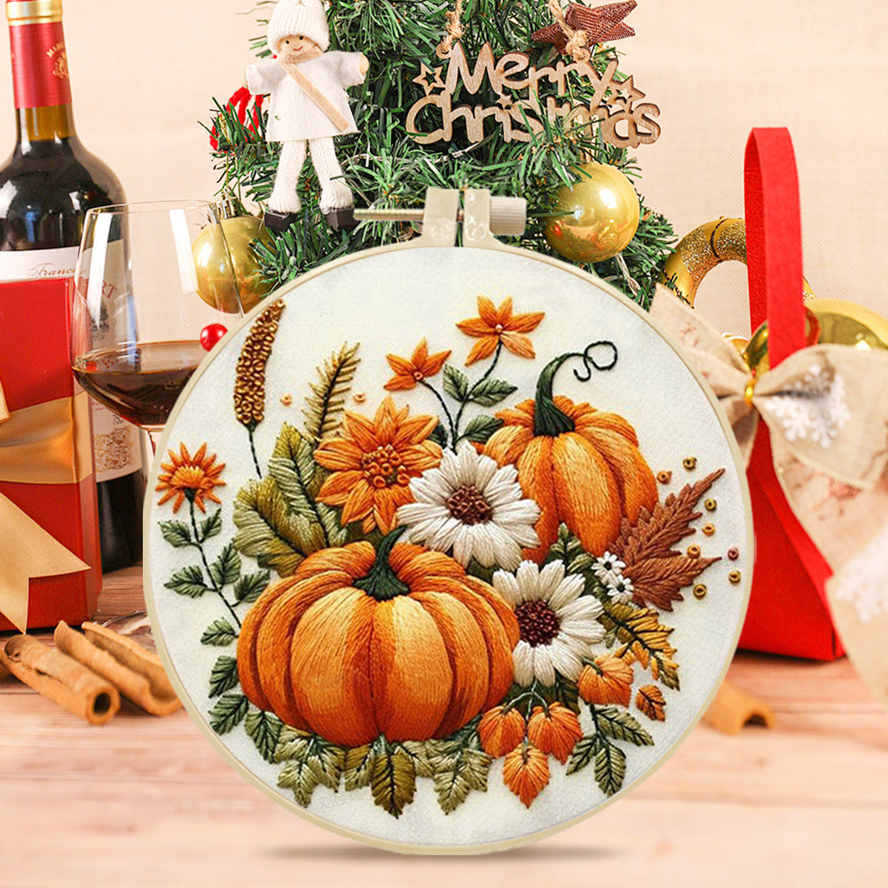 Yellow Pumpkin - DIY Embroidery Cross Stitch Kit with Pattern Cotton Threads Needles Hoop 25x25CM/9.84x9.84in