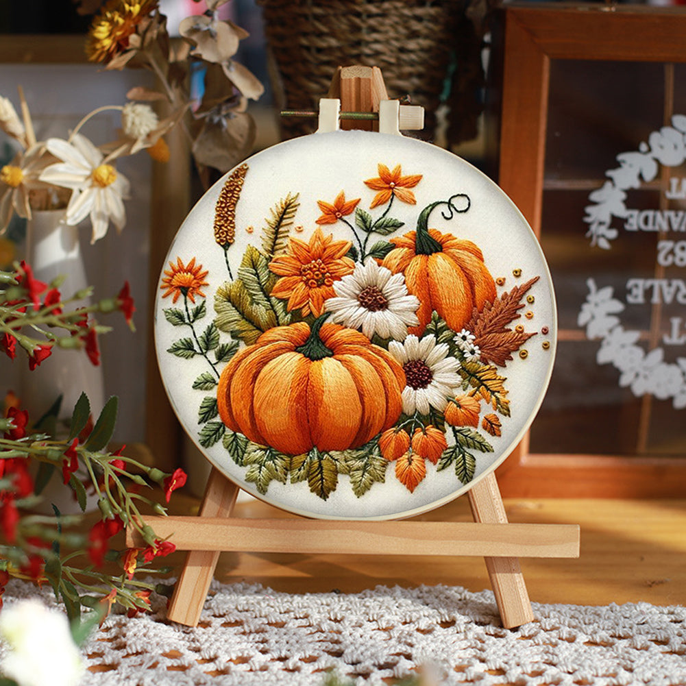 Yellow Pumpkin - DIY Embroidery Cross Stitch Kit with Pattern Cotton Threads Needles Hoop 25x25CM/9.84x9.84in