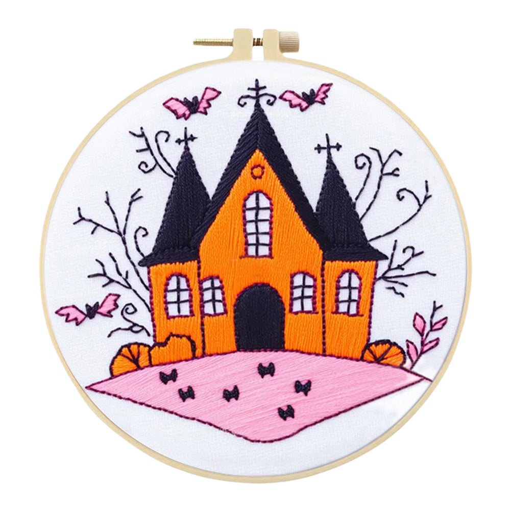 Vintage Orange Haunted House - DIY Embroidery Cross Stitch Kit with Pattern Cotton Threads Needles Hoop 25x25CM/9.84x9.84in
