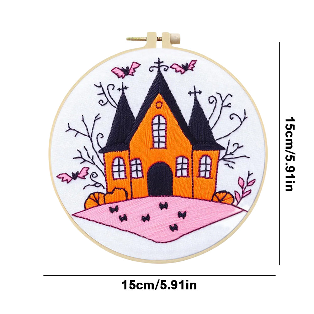 Vintage Orange Haunted House - DIY Embroidery Cross Stitch Kit with Pattern Cotton Threads Needles Hoop 25x25CM/9.84x9.84in