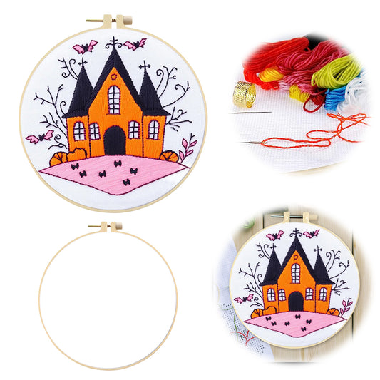 Vintage Orange Haunted House - DIY Embroidery Cross Stitch Kit with Pattern Cotton Threads Needles Hoop 25x25CM/9.84x9.84in