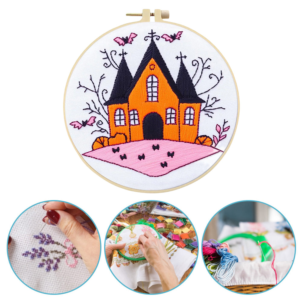 Vintage Orange Haunted House - DIY Embroidery Cross Stitch Kit with Pattern Cotton Threads Needles Hoop 25x25CM/9.84x9.84in