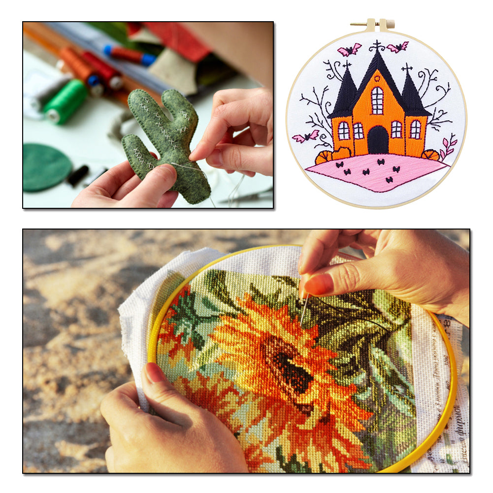 Vintage Orange Haunted House - DIY Embroidery Cross Stitch Kit with Pattern Cotton Threads Needles Hoop 25x25CM/9.84x9.84in
