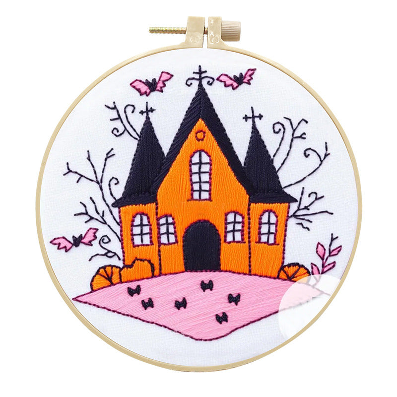 Vintage Orange Haunted House - DIY Embroidery Cross Stitch Kit with Pattern Cotton Threads Needles Hoop 25x25CM/9.84x9.84in