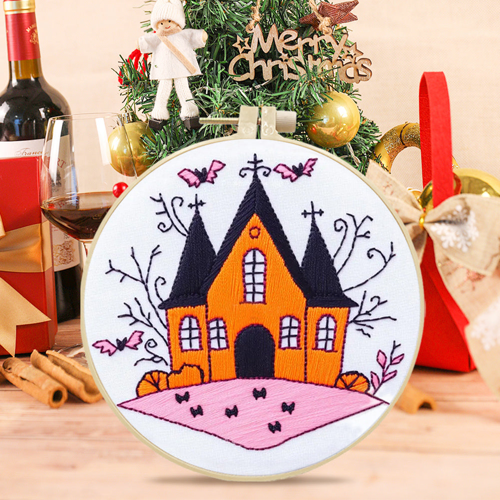 Vintage Orange Haunted House - DIY Embroidery Cross Stitch Kit with Pattern Cotton Threads Needles Hoop 25x25CM/9.84x9.84in