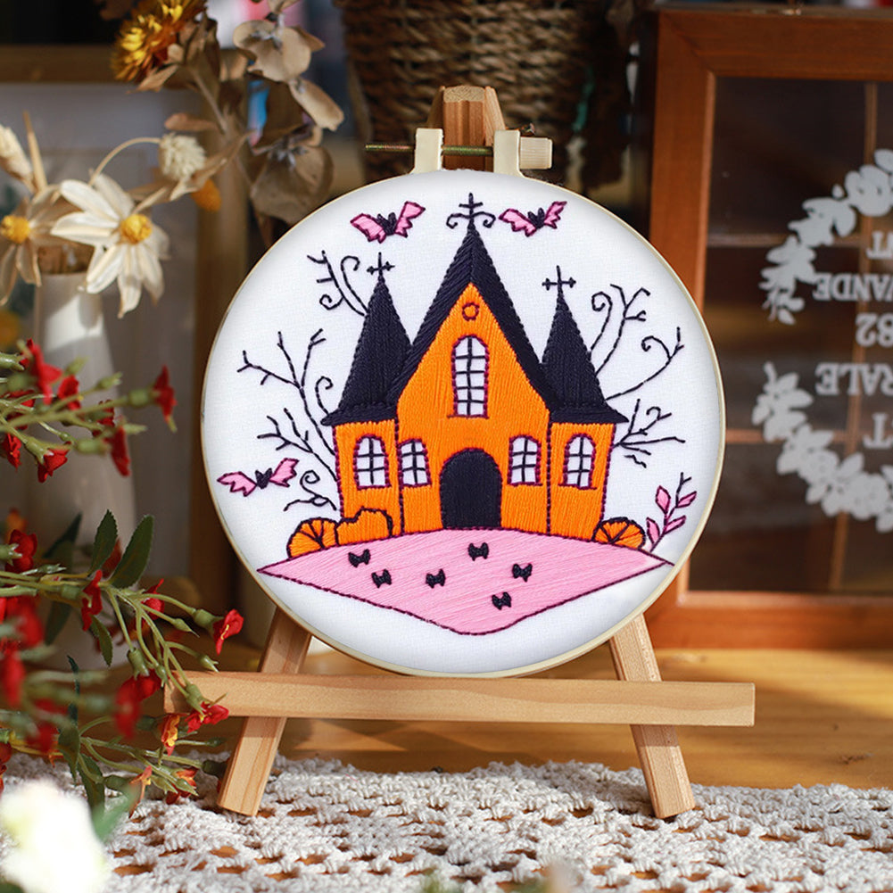 Vintage Orange Haunted House - DIY Embroidery Cross Stitch Kit with Pattern Cotton Threads Needles Hoop 25x25CM/9.84x9.84in