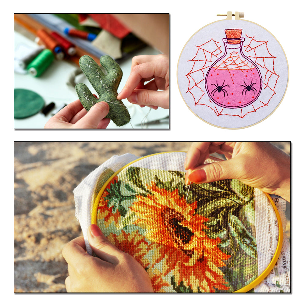 Pink Potion - DIY Embroidery Cross Stitch Kit with Pattern Cotton Threads Needles Hoop 25x25CM/9.84x9.84in