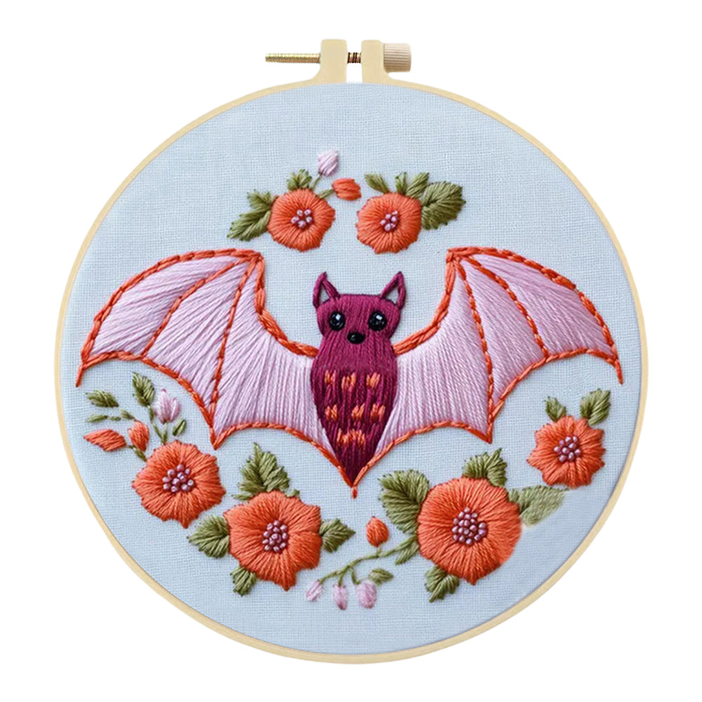 Pink Flower & Bat - DIY Embroidery Cross Stitch Kit with Pattern Cotton Threads Needles Hoop 25x25CM/9.84x9.84in