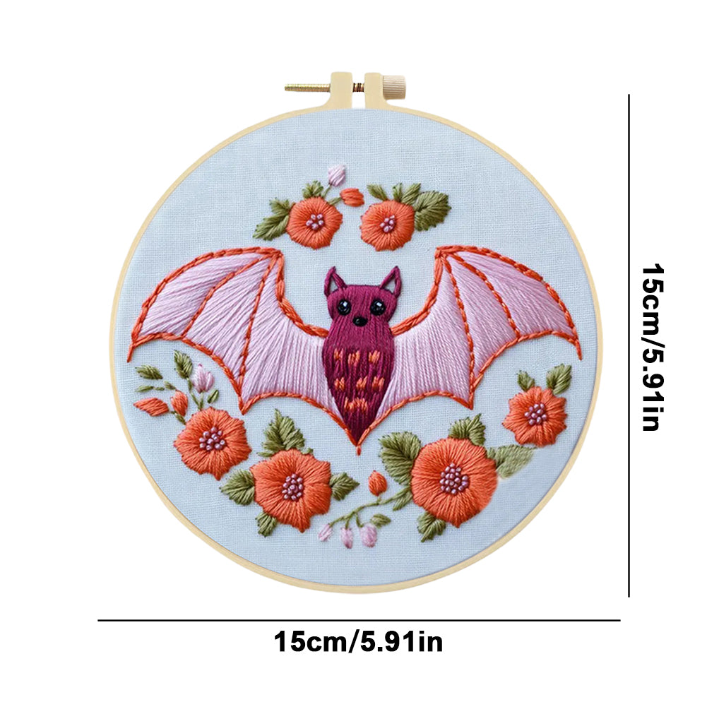 Pink Flower & Bat - DIY Embroidery Cross Stitch Kit with Pattern Cotton Threads Needles Hoop 25x25CM/9.84x9.84in