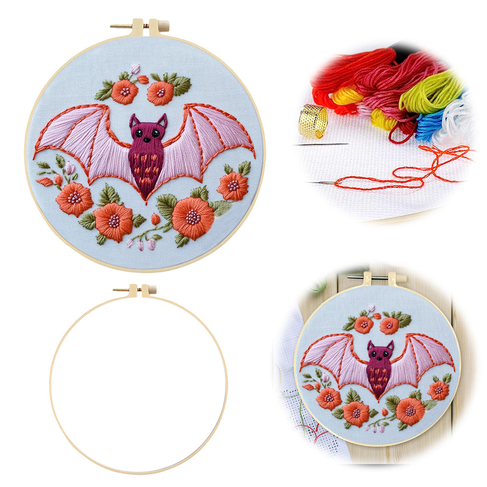 Pink Flower & Bat - DIY Embroidery Cross Stitch Kit with Pattern Cotton Threads Needles Hoop 25x25CM/9.84x9.84in