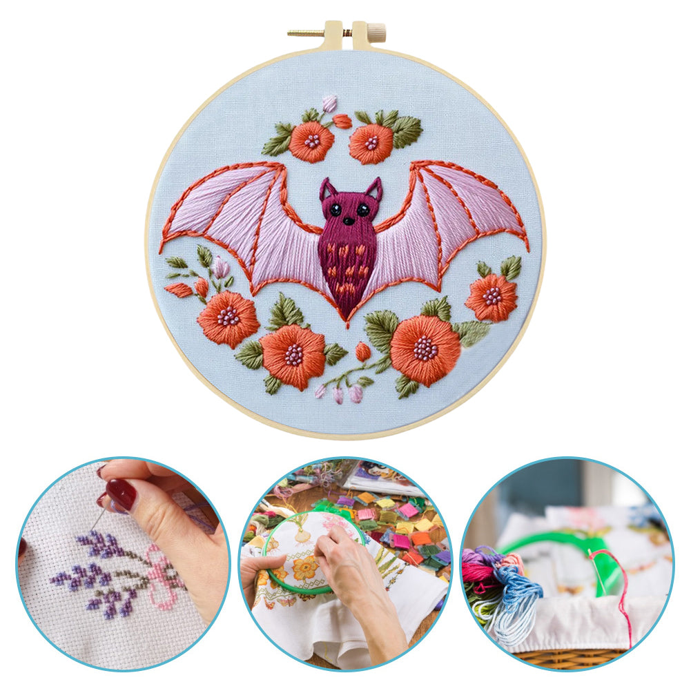 Pink Flower & Bat - DIY Embroidery Cross Stitch Kit with Pattern Cotton Threads Needles Hoop 25x25CM/9.84x9.84in