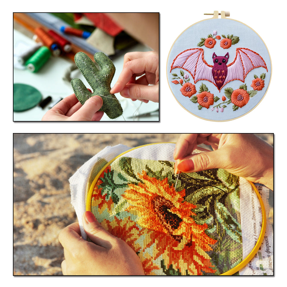 Pink Flower & Bat - DIY Embroidery Cross Stitch Kit with Pattern Cotton Threads Needles Hoop 25x25CM/9.84x9.84in