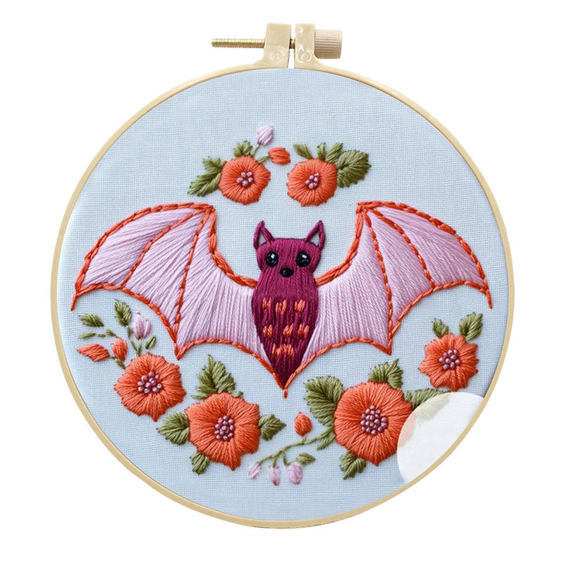 Pink Flower & Bat - DIY Embroidery Cross Stitch Kit with Pattern Cotton Threads Needles Hoop 25x25CM/9.84x9.84in