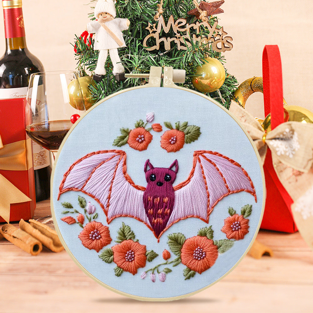 Pink Flower & Bat - DIY Embroidery Cross Stitch Kit with Pattern Cotton Threads Needles Hoop 25x25CM/9.84x9.84in