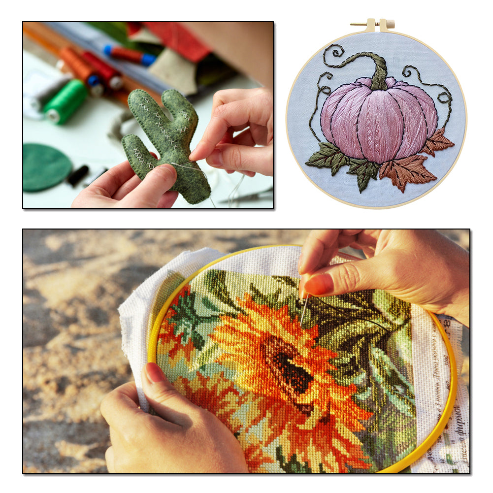 Pink Pumpkin - DIY Embroidery Cross Stitch Kit with Pattern Cotton Threads Needles Hoop 25x25CM/9.84x9.84in