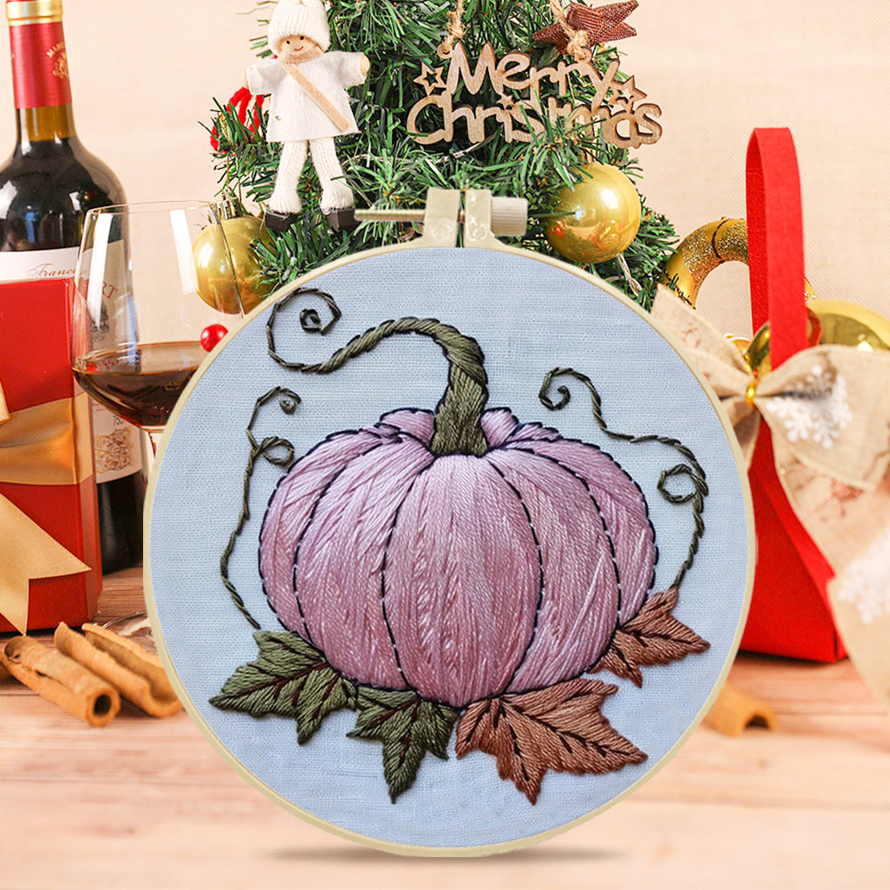 Pink Pumpkin - DIY Embroidery Cross Stitch Kit with Pattern Cotton Threads Needles Hoop 25x25CM/9.84x9.84in