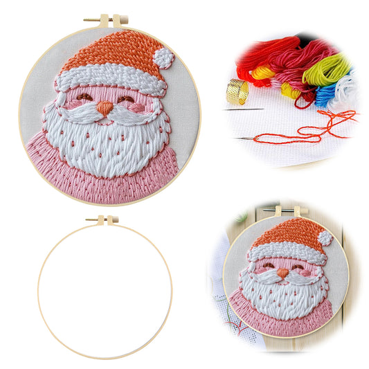 Pink Santa Claus - DIY Embroidery Cross Stitch Kit with Pattern Cotton Threads Needles Hoop 25x25CM/9.84x9.84in