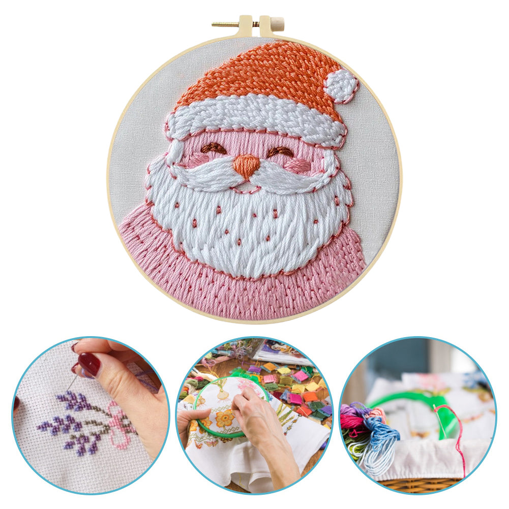 Pink Santa Claus - DIY Embroidery Cross Stitch Kit with Pattern Cotton Threads Needles Hoop 25x25CM/9.84x9.84in