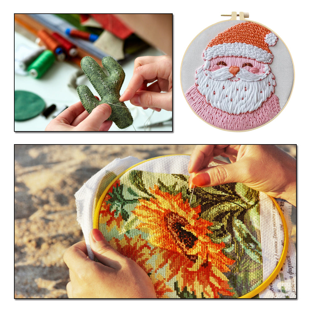 Pink Santa Claus - DIY Embroidery Cross Stitch Kit with Pattern Cotton Threads Needles Hoop 25x25CM/9.84x9.84in