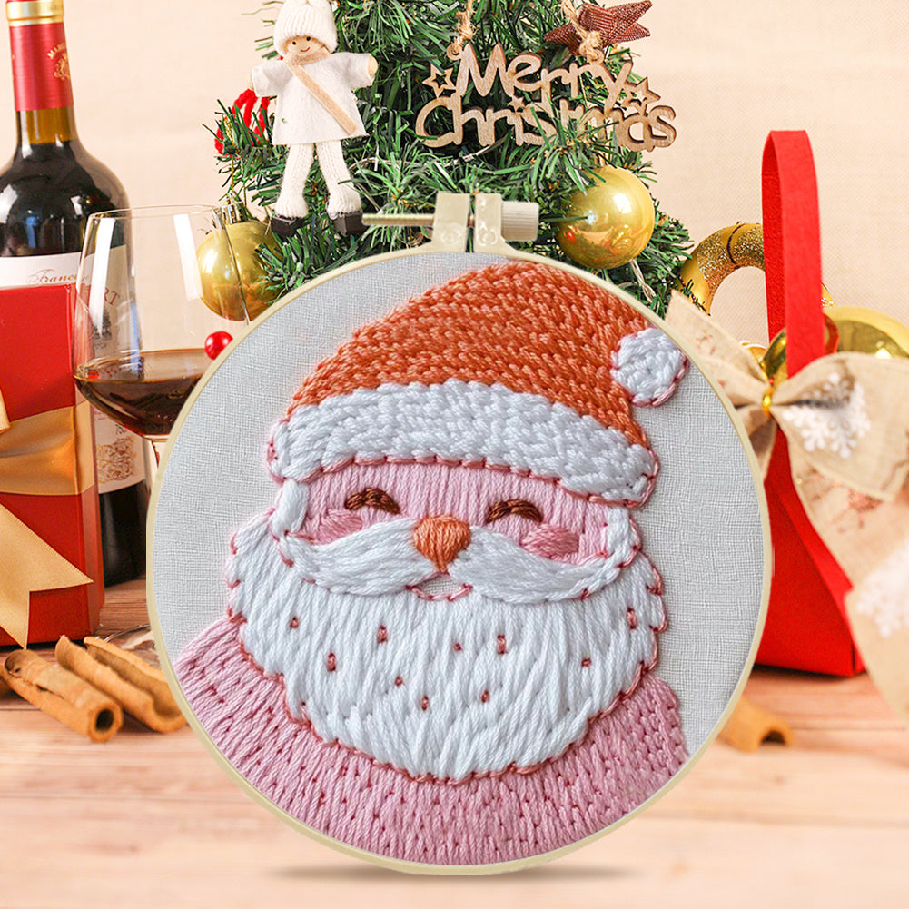 Pink Santa Claus - DIY Embroidery Cross Stitch Kit with Pattern Cotton Threads Needles Hoop 25x25CM/9.84x9.84in