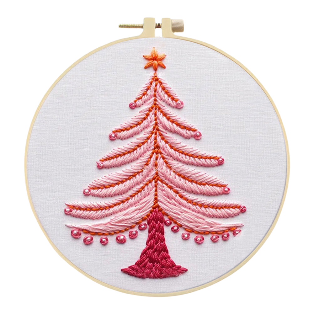 Pink Christmas Tree - DIY Embroidery Cross Stitch Kit with Pattern Cotton Threads Needles Hoop 25x25CM/9.84x9.84in