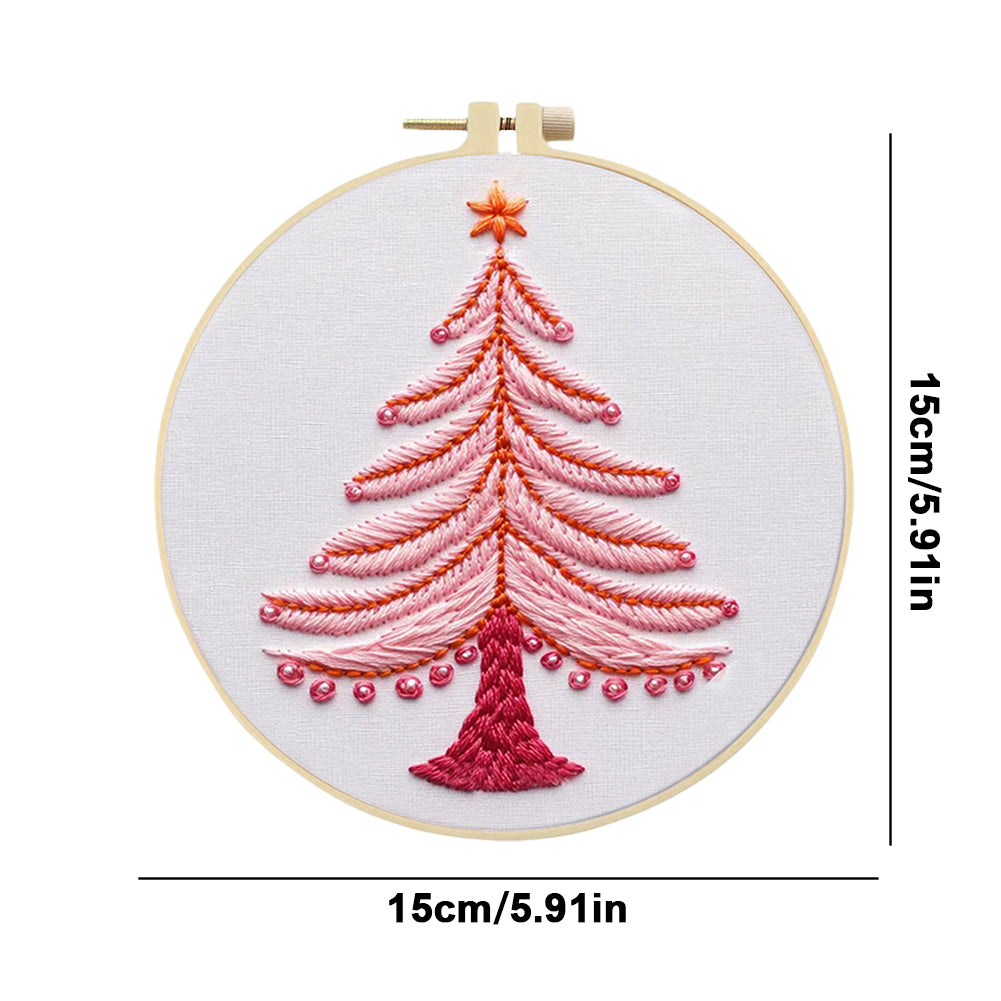 Pink Christmas Tree - DIY Embroidery Cross Stitch Kit with Pattern Cotton Threads Needles Hoop 25x25CM/9.84x9.84in