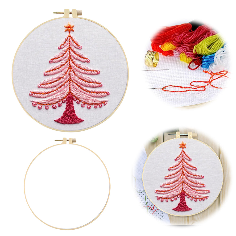 Pink Christmas Tree - DIY Embroidery Cross Stitch Kit with Pattern Cotton Threads Needles Hoop 25x25CM/9.84x9.84in