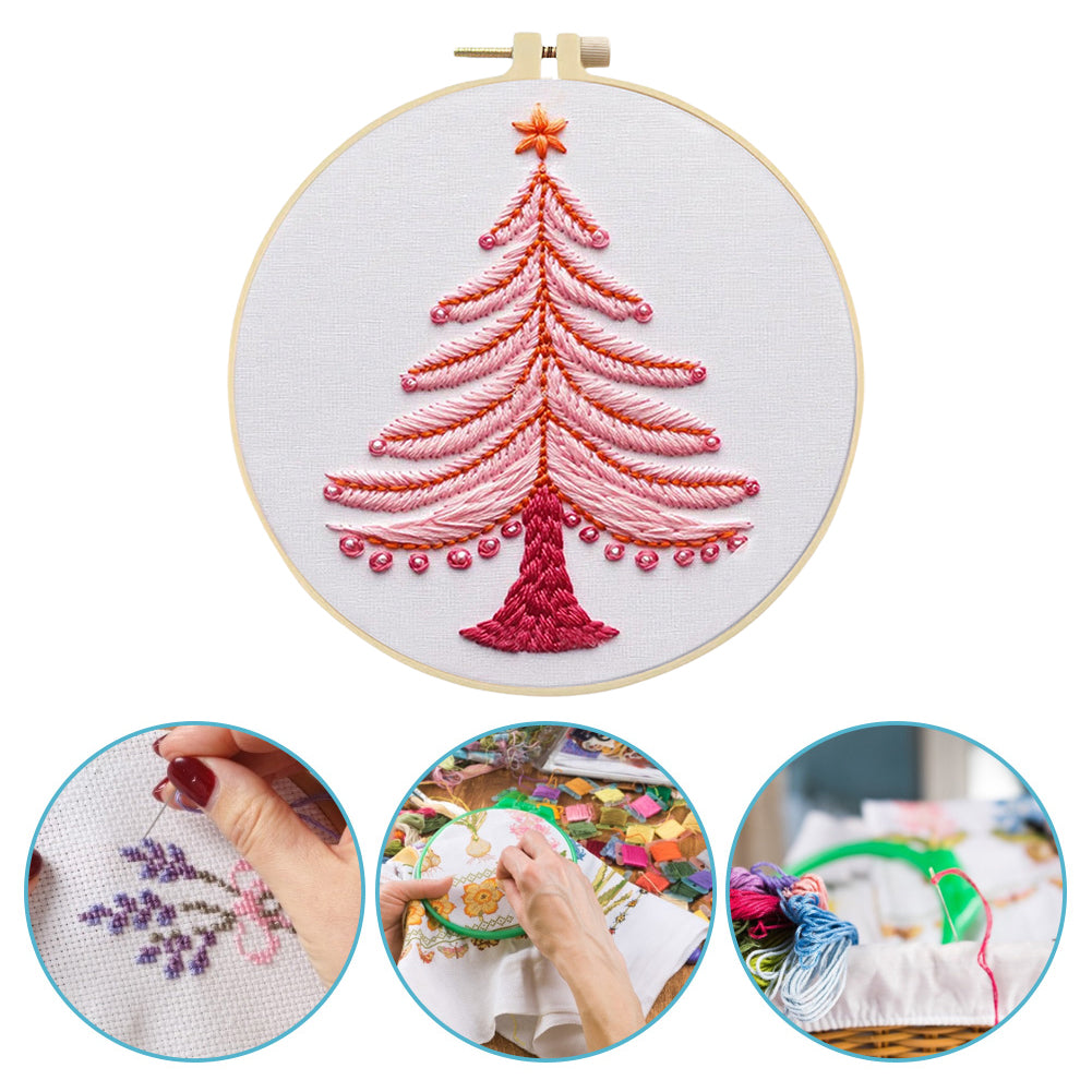 Pink Christmas Tree - DIY Embroidery Cross Stitch Kit with Pattern Cotton Threads Needles Hoop 25x25CM/9.84x9.84in