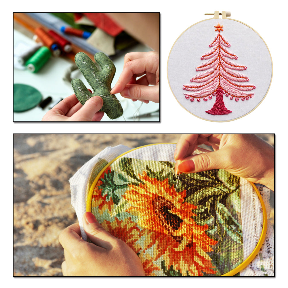 Pink Christmas Tree - DIY Embroidery Cross Stitch Kit with Pattern Cotton Threads Needles Hoop 25x25CM/9.84x9.84in