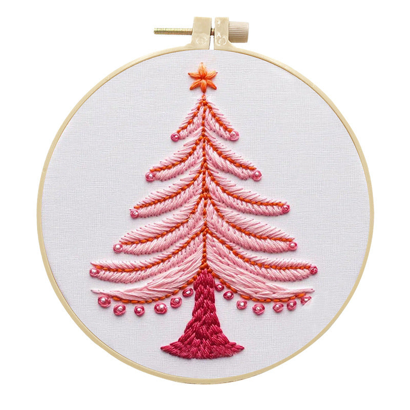 Pink Christmas Tree - DIY Embroidery Cross Stitch Kit with Pattern Cotton Threads Needles Hoop 25x25CM/9.84x9.84in